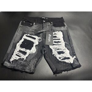 Guapi Men's Distressed Denim Shorts Blk/White Stitching Ripped Jean Shorts Sz 32